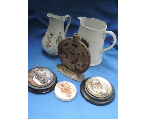 A Studio Pottery moon flask, signed, a Victorian pottery jug of Oriental design, a Victorian jug having transfer decoration f