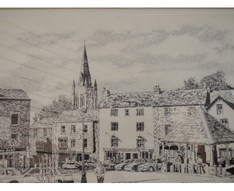 A print after Karl Stedman, Alston, 13x20', mounted and framed and a pen and ink sketch after Karl Stedman, woodland,signed a
