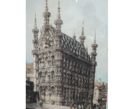 A coloured etching W Monk, Continental town hall, signed, 27x20', mounted and framed