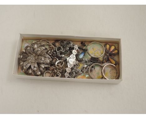 A small selection of white metal jewellery including filligree brooch, marcasitte and enamel earrings, rings, pendant etc