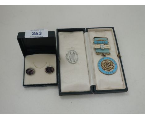 A pair of white metal and Blue John cufflinks and an HM silver gilt and enamel Masonic jewel re Union Lodge 1764
