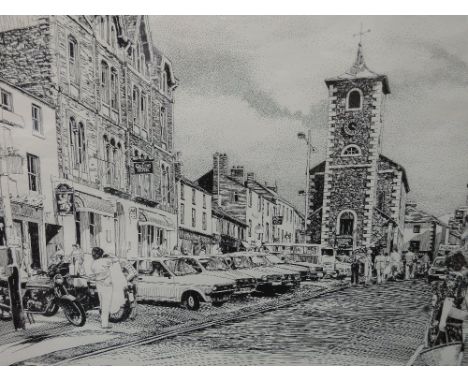 A pen and ink sketch, Karl Stedman, The Market Square and Moot Hall, Keswick, 13x20', mounted and framed