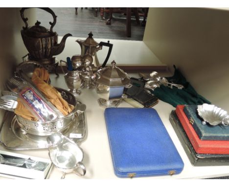 A selection of silver plated ware including cased and loose flatware, spirit kettle, teaset, tray etc