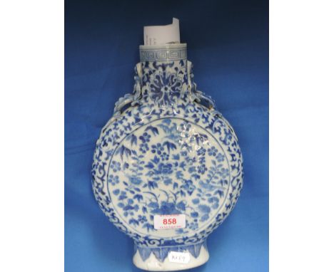 A Chinese porcelain moon flask, having blue and white naturalistic decoration with mythological handles