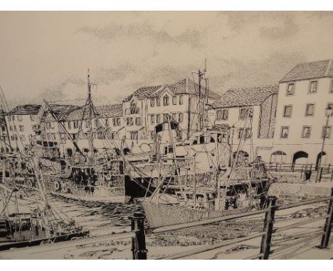 A pen and ink sketch, Karl Stedman, Maryport Harbour, signed, 13x20', mounted and framed