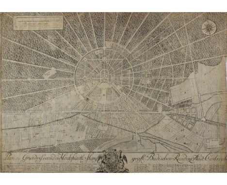 Karlsruhe.: Plan oder Grundriß von der Hochfürstl. Markgraefl. Badischen Residenz Stadt=Carlsruhe". Kupf. von J. Bapt. Haas b