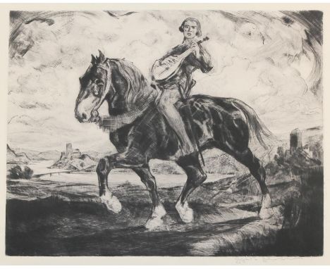 Berittener Lautenspieler: in Flusslandschaft mit Burgen. Radierung, 2.H. 20. Jh. 35,7 x 48 cm. Undeutl. sign.   R
