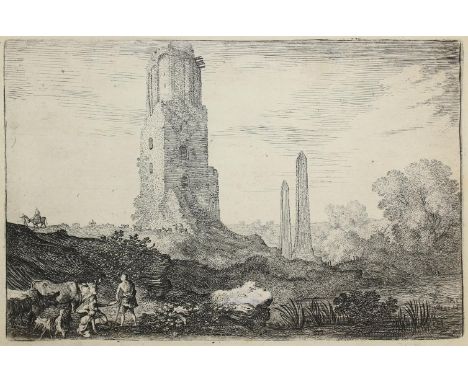 Uyttenbroeck, Moyses van: (c. 1600 Den Haag 1646). Landschaft mit dem "Torre delle Militie" und zwei Obelisken Radierung, 12,