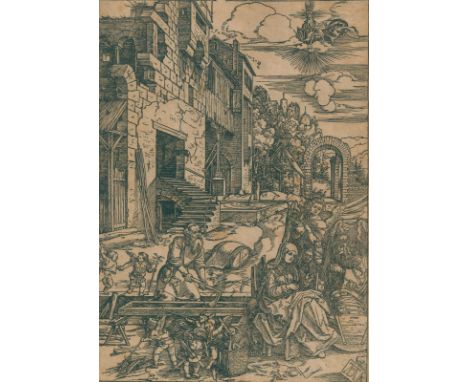 Dürer, Albrecht: (1471 Nürnberg 1528). Aufenthalt in Ägypten. (Früher: Ruhe auf der Flucht). Bl. 15 aus der Folge "Marienlebe