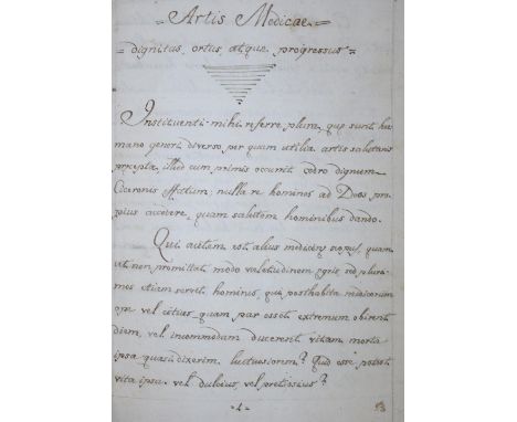 Artis Medicae.: Dignitus, ortus, atque progressus. Lat. Handschrift auf Papier, 1809. 338 nn. beschr. S. Hldr. d. Zt. (Etw. b