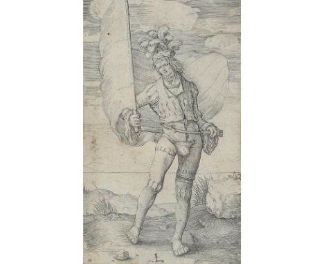 Leyden, Lucas van: (1494 Leiden 1533). Der Fahnenträger. Kupferstich, um 1510. 11,5 x 6,9 cm. Pl. monogr. Beschnitten. Unter 