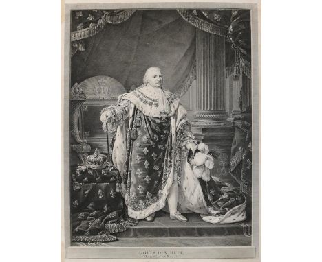 Ludwig XVIII.: "Louis Dix Huit. Roi de France et de Navarre". Stehend mit Perücke im Hermelinmantel u. mit Orden vom Heiligen