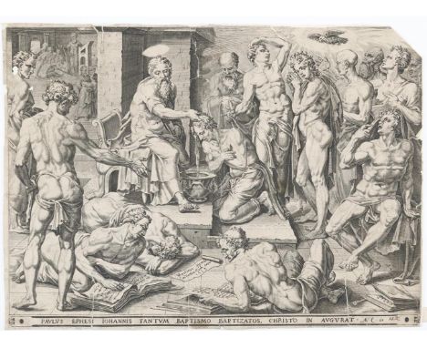 Coornhert, Dirck Volkertszoon: (1522 Amsterdam - Gouda 1590) zugeschrieben. Paulus tauft die Einwohner von Ephesus. Kupfersti