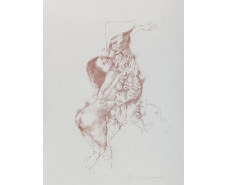 Bachmann, Otto: (1915 Luzern - Ascona 1996). Harlekin mit weiblichem Akt. Lithographie in Braun. Ca. 38,5 x 27,5, Blgr. 59,5 
