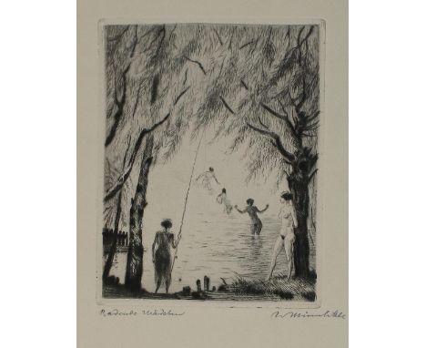Münch-K'he, Willi: (1885 Karlsruhe 1960). "Badende Mädchen". Radierung. 13,5 x 10,1 cm, Blgr. 33,5 x 26,1 cm. Sign. u. betit.