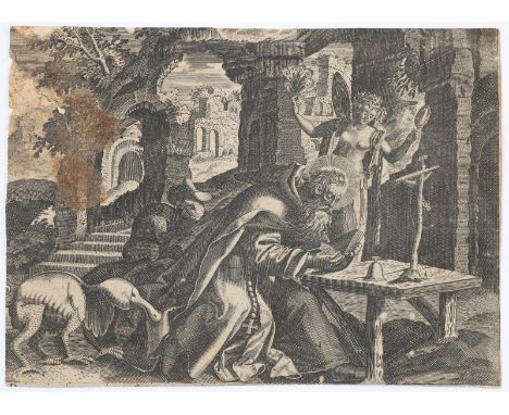 Sadeler, Johannes I.: (1550 Brüssel - um 1600 Venedig) gegenseitige Kopie nach. Der hl. Antonius als Einsiedler. Aus der Folg