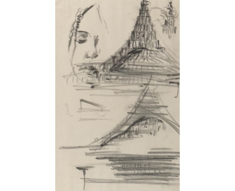 Poelzig, Hans: (1869 Berlin 1936). Messegelände Berlin. 9 Bl. Bleistift, Kohlefettstift bzw. Feder in Schwarz auf Pergamin bz