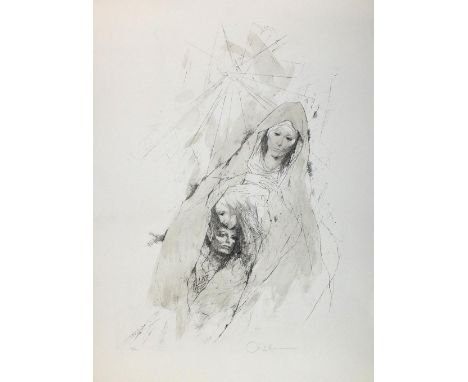 Bachmann, Otto: (1915 Luzern - Ascona 1996). Pietà. Lithographie mit zarter grauer Kolorierung. Ca. 51 x 33, Blgr. 63 x 45 cm