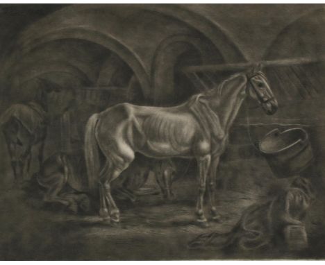 Klein, Johann Adam: (1792 Nürnberg 1875). Die Pferde im gewölbten Stall. Mezzotinto, 1843. Plgr. 17,5 x 22,5 cm. Sign. u. dat