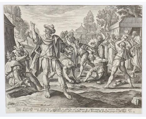 Collaert, Adriaen: (1520 Antwerpen 1618). Du sollst den Namen Gottes, deines Herrn, nicht missbrauchen; mit Steinigung des Go