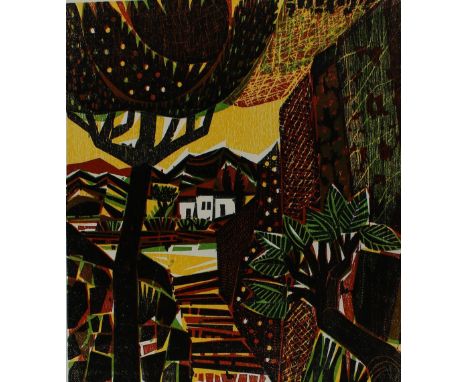 Pohl, Alfred: (1928 Essen). Landschaft mit Bäumen und Haus. Farbholzschnitt, 1988. 40 x 35 cm, Blgr. 65 x 50 cm. Sign., dat. 