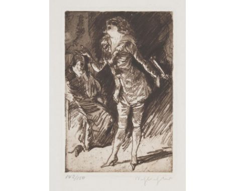 Schlichter, Rudolf: (1890 Calw - München 1955). Die Sängerin u. der Abbé. Kaltnadel in Braun. 14,5 x 9,6, Blgr. 30 x 22,5 cm.