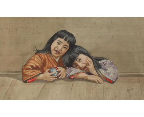 Yasuda, Yukihiko: (1884-1978) zugeschrieben. 2 Mädchen mit Ball an einem (Spiel-)Tisch. - Alter Mann in japanischer Tracht mi