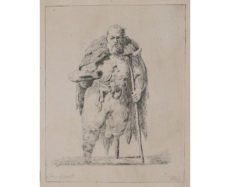 Rembrandt van Rijn, Harmenszoon: (1606-1669) nach. La sébile. Stehender Bettler mit Holzfuß, auf einen Stock gestützt. Radier