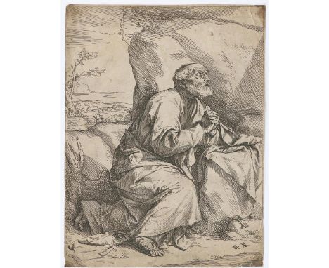 Ribera, Jusepe de: (um 1590 Jatiba - Neapel 1652). Die Buße des hl. Petrus. Radierung auf Bütten 1621. Blgr. 32 x 24,3 cm. Mi