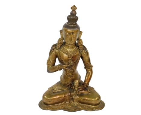 Vajrasattva Dorje Sempa.: Bronze, Tibet 19. Jh. H: 27 cm. Fassungen für Steine vorhanden, aber leer. Schöne Patina. Boden ges