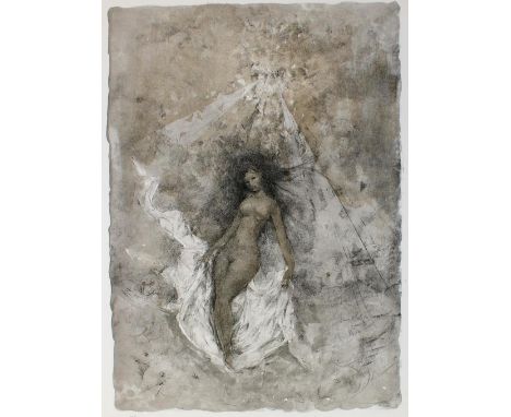 Bachmann, Otto: (1915 Luzern - Ascona 1996). Weiblicher Akt auf Leinentuch. Wohl aus Goethes Faust, um 1970. 50,5 x 36, Blgr.