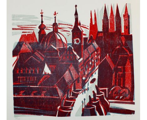 Bauschert, Heiner: (1929 Tübingen 1986). Würzburger Türme. Farbholzschnitt, 1979. 40 x 43 cm, Blgr. 51,5 x 65,5 cm. Sign., da