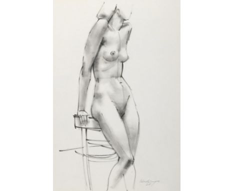 Dischinger, Rudolf: (1904 Freiburg i.Br. 1988). Aufrechter Frauenakt (Torso), halb nach rechts gewendet, auf einer Stuhllehne