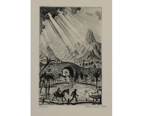 Münch-K'he, Willi: (1885 Karlsruhe 1960). Flucht. Radierung, 1923. 20 x 12,2 cm, Blgr. 39,6 x 30,2 cm. Sign., dat. u. betit. 