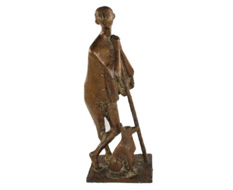 Nuss, Fritz: (1907 Göppingen - Weinstadt 1999). Hirtenjunge auf Stab gestützt, links unten bei ihm sitzender Hund. Dunkelpati