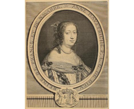 Anna von Österreich.: "Anne d'Austriche, P.L.G. de dieu reine, de France et de Navarre". Portrait im Oval von Nanteuil nach M