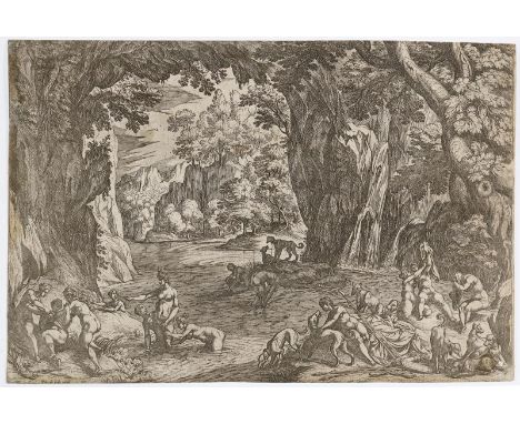 Tempesta, Antonio: (1555 Florenz - Rom 1630). Diana und ihre Nymphen entdecken die Schwangerschaft der Kallisto. Radierung be