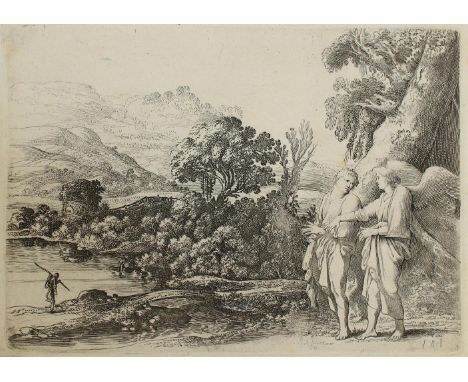 Uyttenbroeck, Moyses van: (c. 1600 Den Haag 1646). Tobis und der Engel. Kupferstich um 1700. 13,8 x 19 cm. - Vgl. Hollstein X