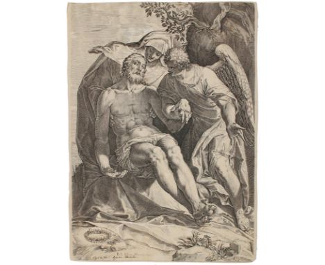 Carracci, Agostino: (1557 Bologna - Parma 1602). Pietà. Die Gottesmutter und ein Engel. Kupferstich n. Veronese, ca. 1582 ode