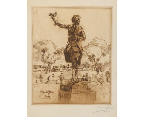 Bloos, Richard: (1878 Brühl - Düsseldorf 1956). Le charmeuer d'oiseaux (Jardin du Luxembourg). Kaltnadelradierung in Braun mi