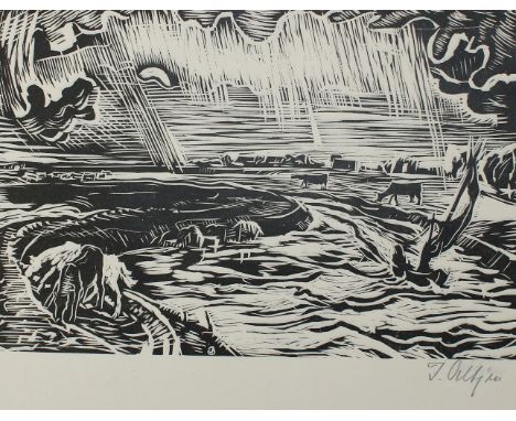Oeltjen, Jan: (1880 Jaderberg - Pzuj 1968). "Abend". Holzschnitt 1923. 16,5 x x 25, Blgr. 31 x 35,5 cm. Sign. u. mit Monogr. 