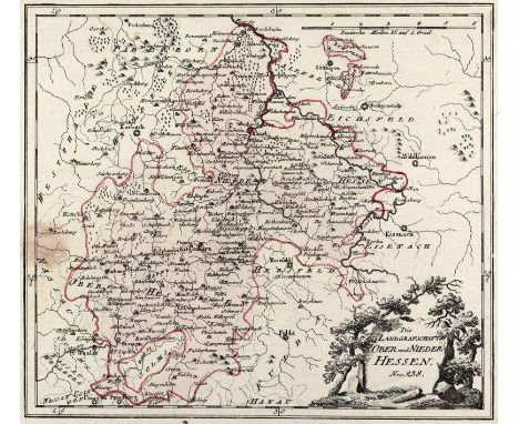 Hessen.: Hassiae descriptio. Kupferstichkarte aus Ortelius nach J.Dryander, 1579. Ca. 34 x 23 cm.  ╔Dabei:╗ Reilly, Hessen. N