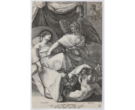 Galle, Cornelis I: (1576 - Antwerpen 1650). In agone defendit. Bl. 3 aus der Folge "Angeli custodis Ministeria" (Aufgaben der