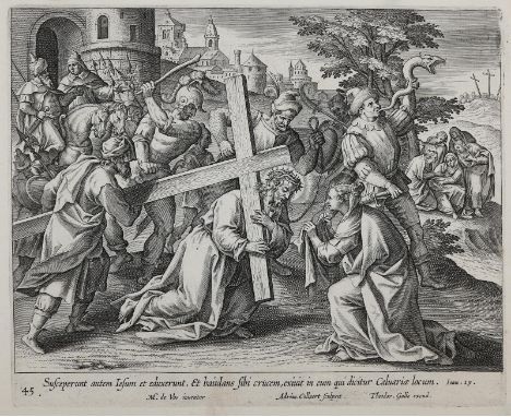 Collaert, Adriaen: (1520 Antwerpen 1618). Die hl. Veronika reicht Jesus das Schweißtuch. Bl. 45 aus der Folge von 51 Bl. Lebe