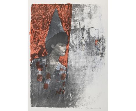 Bachmann, Otto: (1915 Luzern - Ascona 1996). Harlekin, im Hintergrud Zelte u. ein Liebespaar. Kolor. Lithographie auf BFK Riv