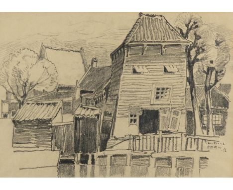 Dill, Ludwig: (1848 Gernsbach - Karlsruhe 1940). Holzhäuser in Edam. Kohlezeichnung 1912. Blgr. 24,7 x 32 cm. Re. mittig sign
