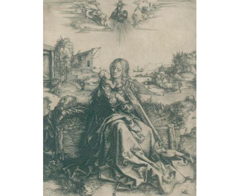 Dürer, Albrecht: (1471 Nürnberg 1528). Die Heilige Familie mit der Libelle. Kupferstich auf Bütten, um 1495. 23,4 x 18,5 cm. 