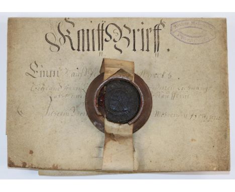 Pforzheim.: Kaufbrief. Deutsche Handschrift auf Pergament. 1 S. Mit angehängtem Wachssiegel (defekt) in gedrechselter Holzkap