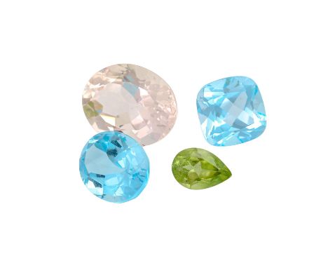   Konvolut 4 Edelsteine,   1 Peridot 2,0 ct (ca. 7x10 mm), 1 Morganit 12,4 ct (ca. 17x14 mm), 1 Topas (Kissen) 8,4 ct, 1 Topa