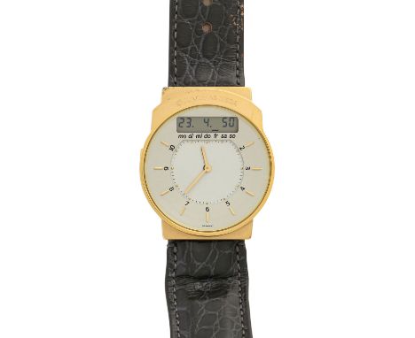   JUNGHANS Mega, Ref. 25/7105. Funkuhr.   Edelstahl, vergoldet. Quarz-Werk. Lederband mit originaler Schließe. Deutliche Gebr